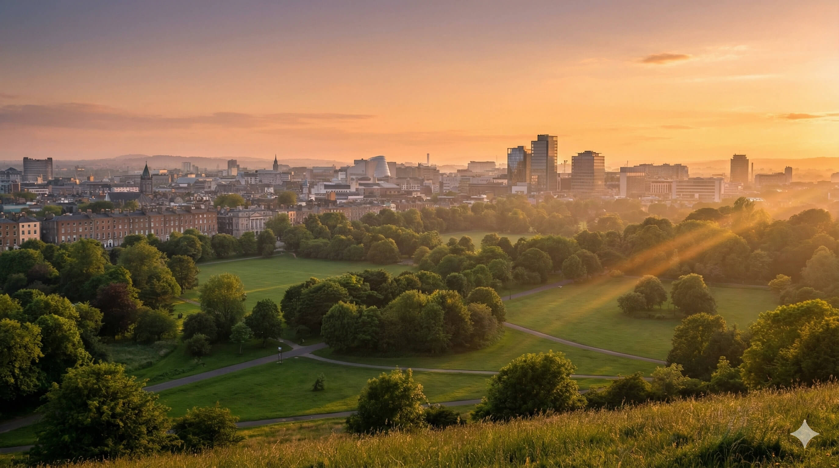 Irish green landscape at golden hour
